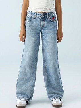 RSQ Tilly’s Girls Embroidered Cherry Pocket Wide Leg Jeans